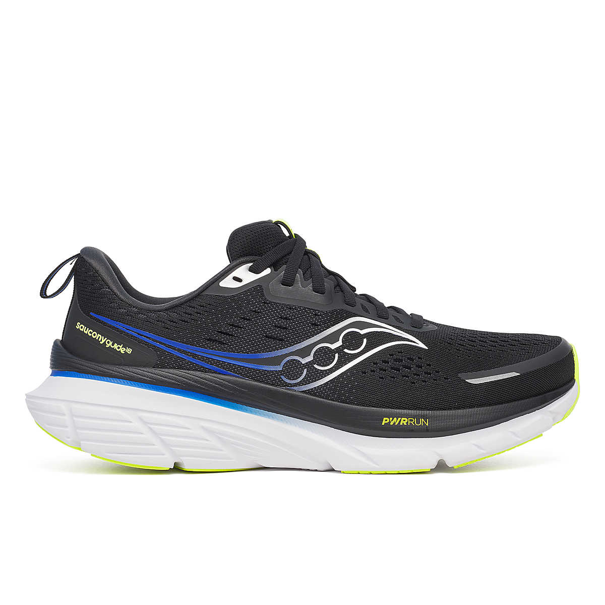 Saucony guide 18 mens running shoe with black, blue and white design