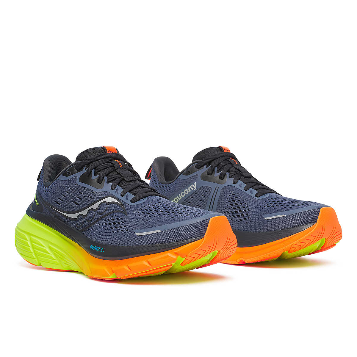 Pair of blue saucony guide 18 mens running shoes with orange and green sole on a white background