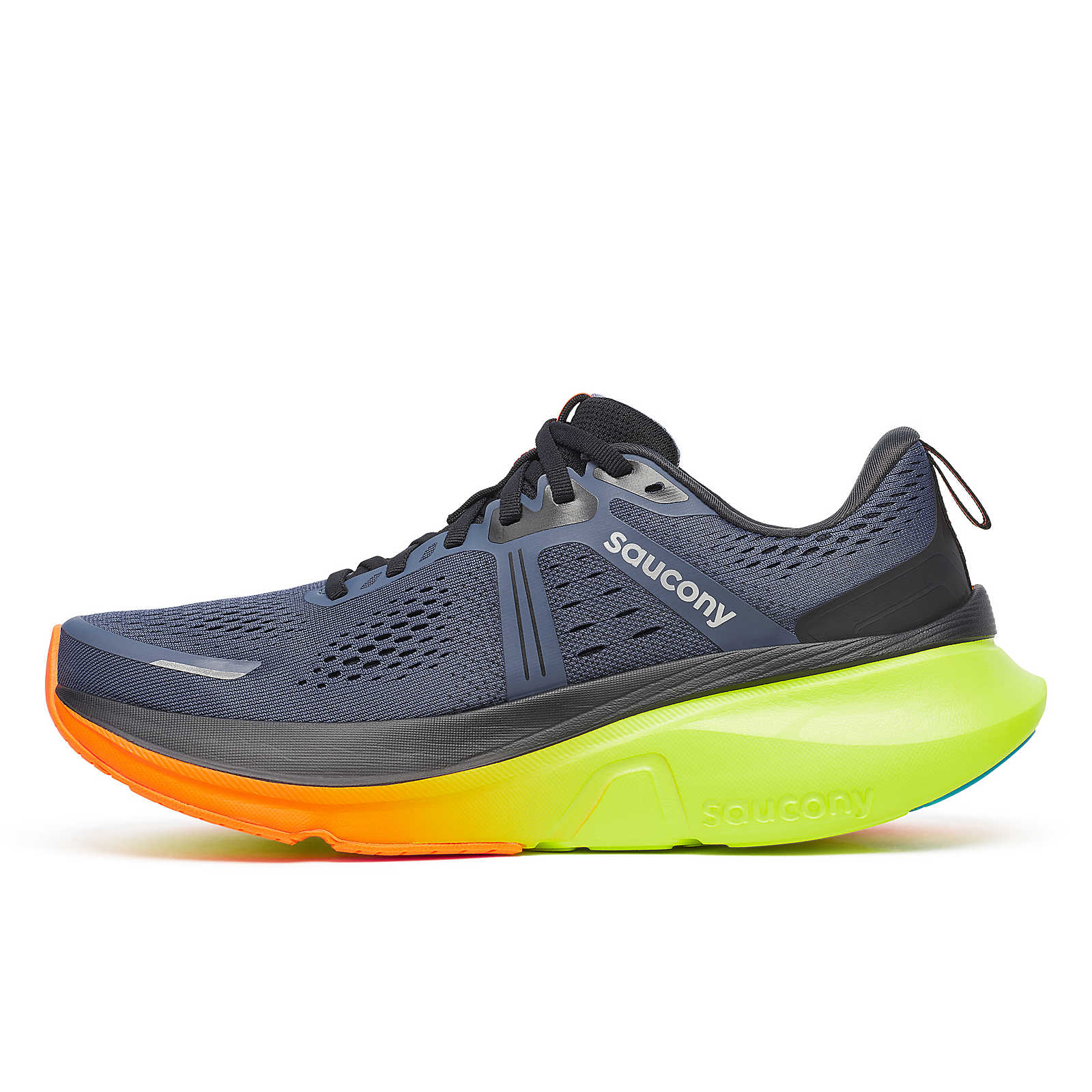 Saucony guide 18 mens running shoe with blue, orange, and green design on a white background