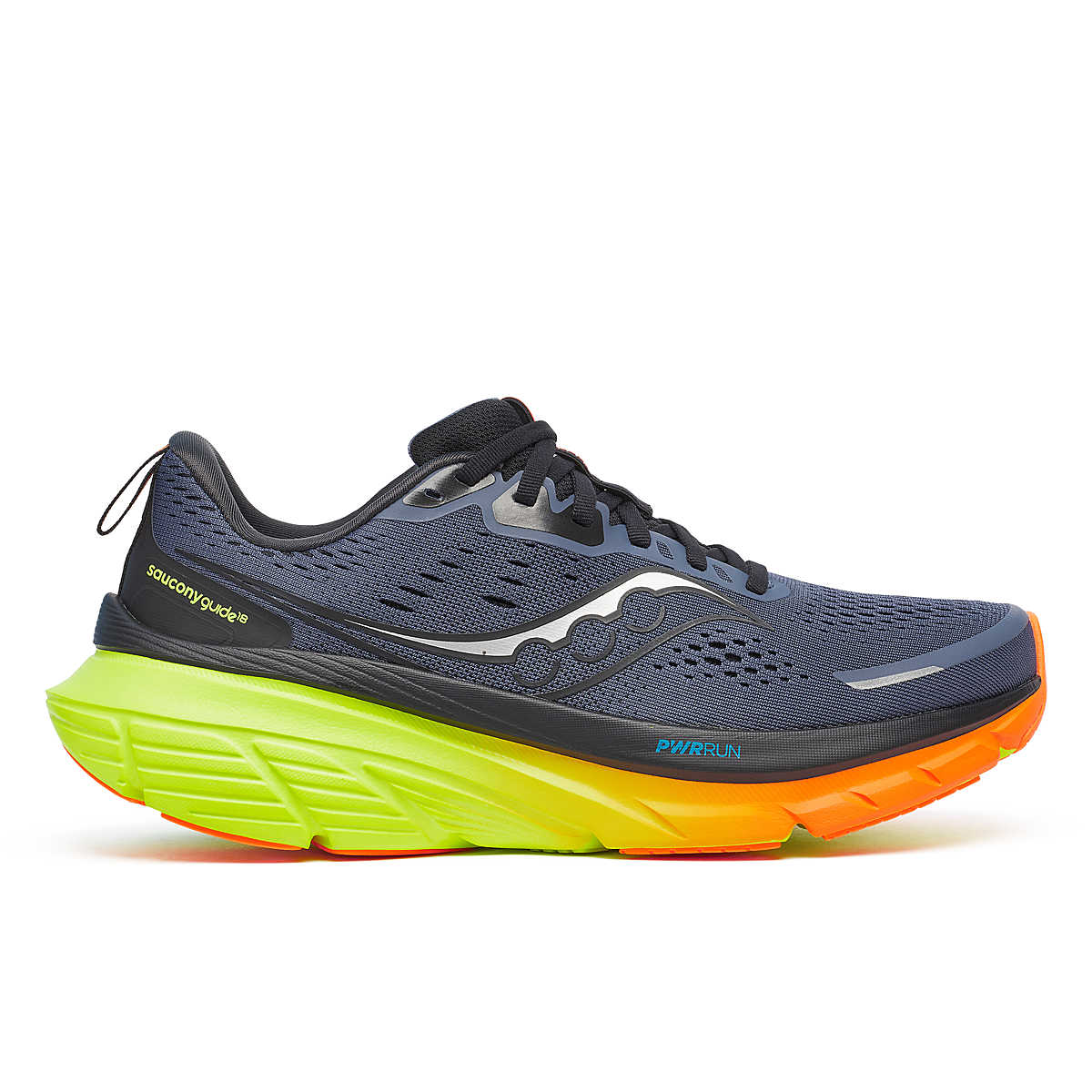 Saucony guide 18 mens running shoe with a blue upper, green midsole, and orange outsole on a white background