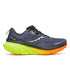 Saucony guide 18 mens running shoe with a blue upper, green midsole, and orange outsole on a white background
