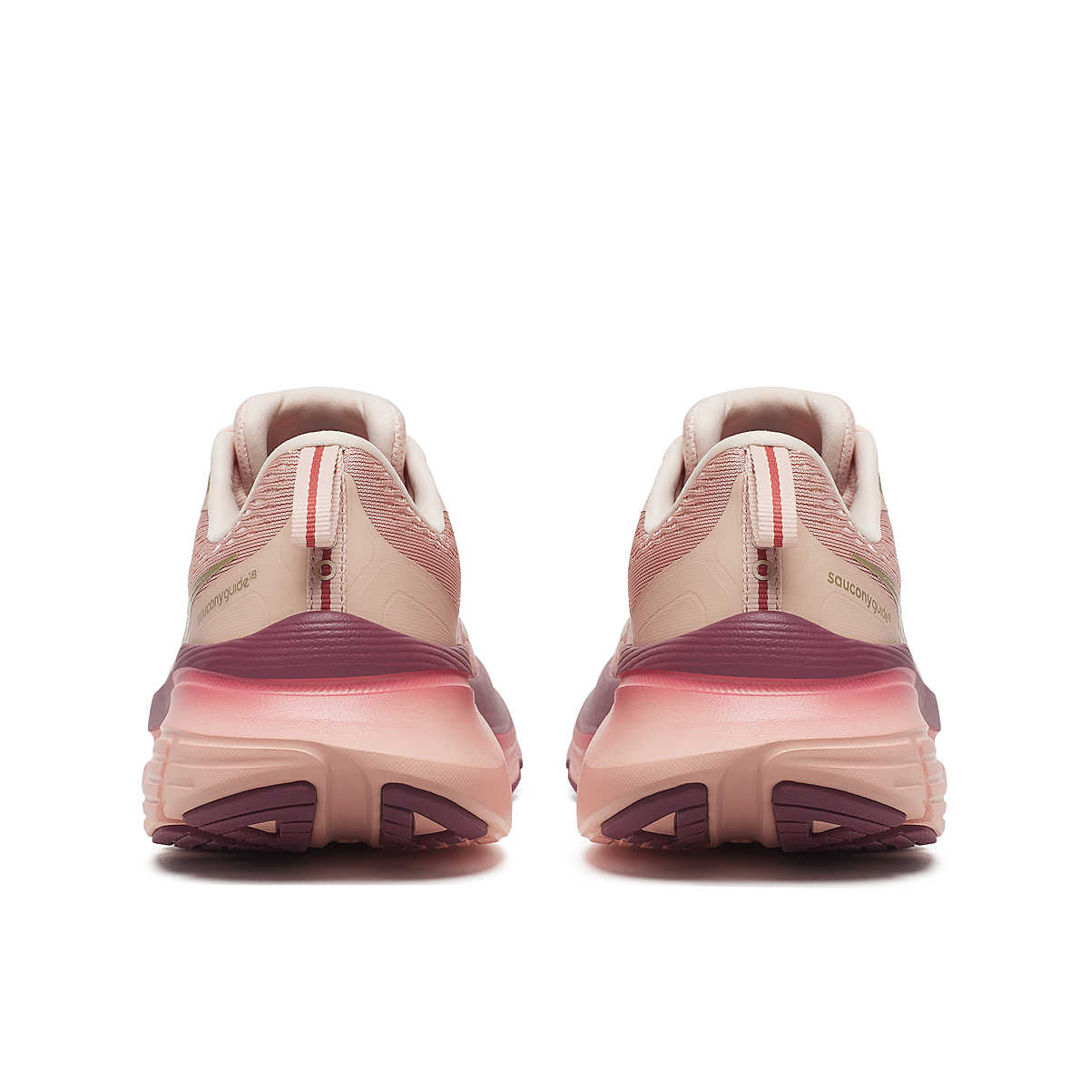 Pair of pink saucony guide 18 women's  running shoe heels