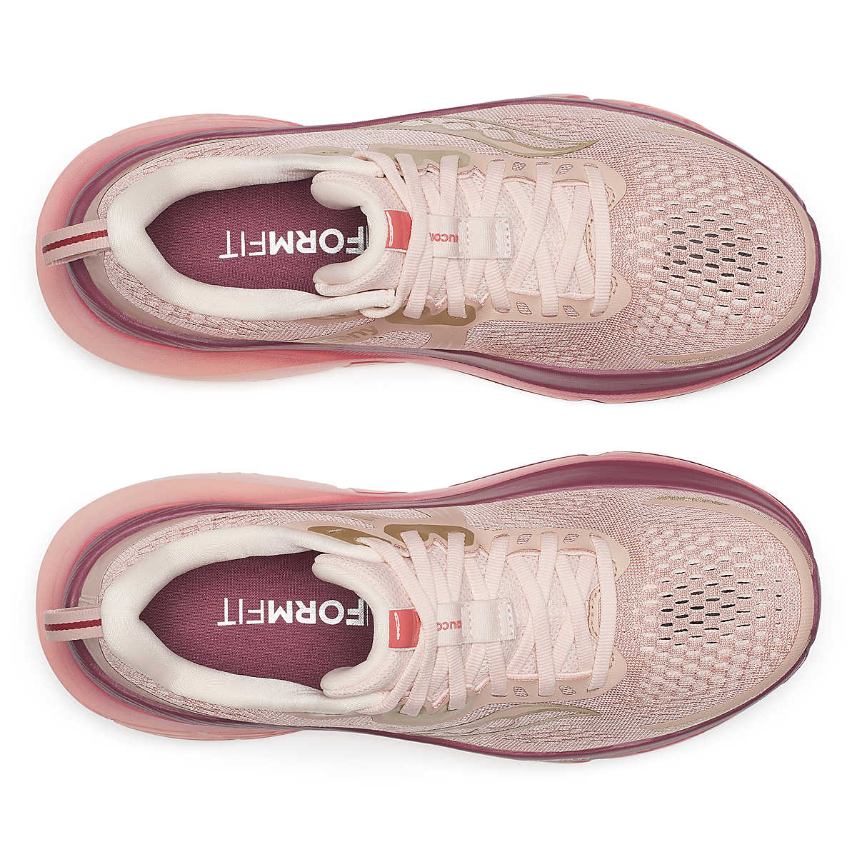 Pair of pink saucony guide 18 women's running shoes with white laces top down view