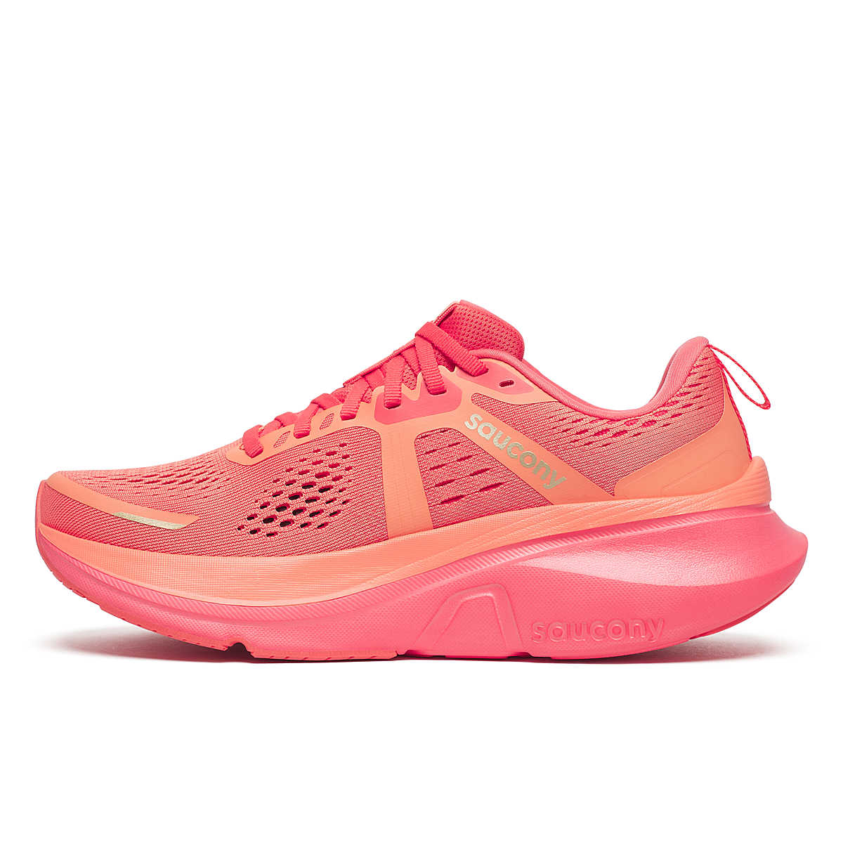 Pink and salmon coloured saucony guide 18 women's running shoe with 'Saucony' branding