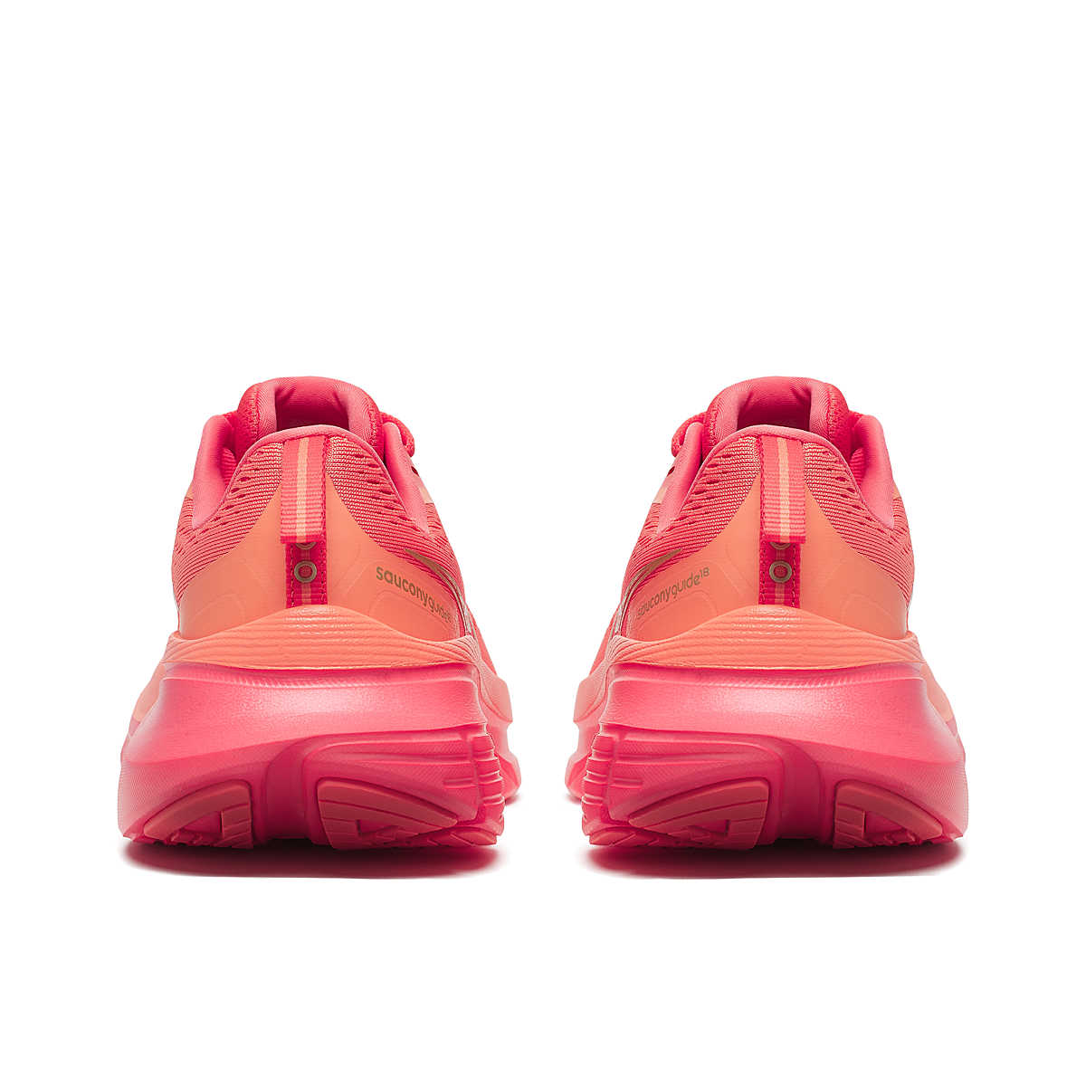 Pair of pink and salmon saucony guide 18 women's running shoes shown from the back 