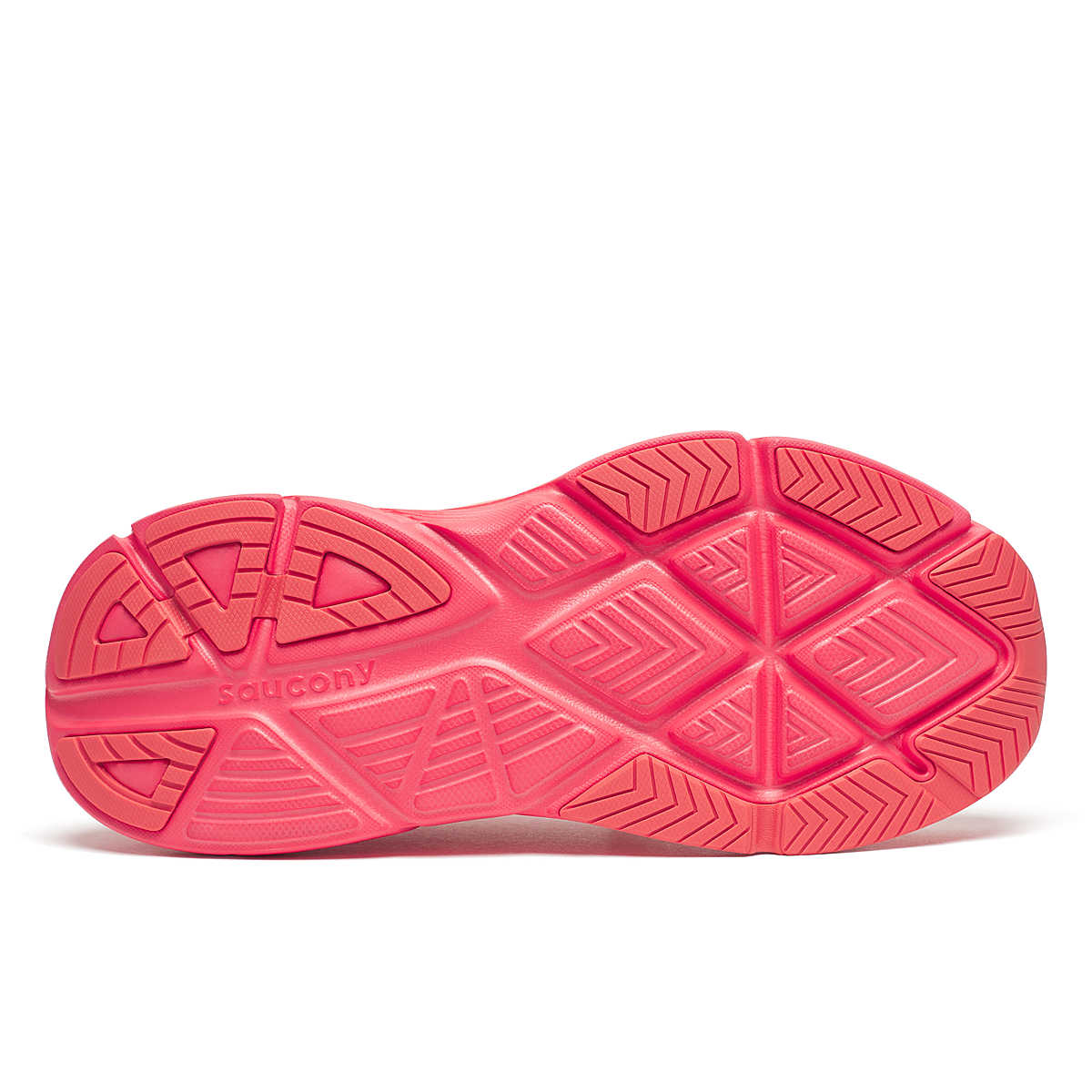 Close-up of a pink saucony guide 18 women's running shoe sole with 'Saucony' branding