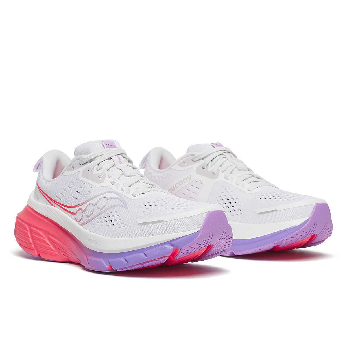White, crocus, red and purple coloured saucony guide 18 women's running shoe with 'Saucony' branding 