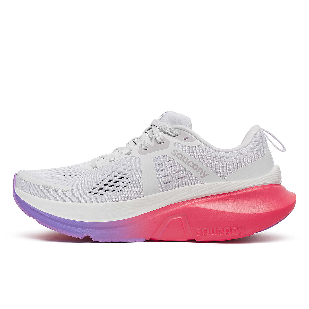 White, crocus, red and purple coloured saucony guide 18 women's running shoe with 'Saucony' branding