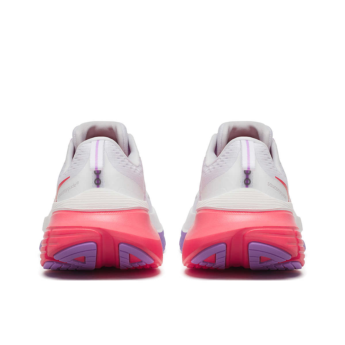 White, crocus, red and purple coloured saucony guide 18 women's running shoe with 'Saucony' branding