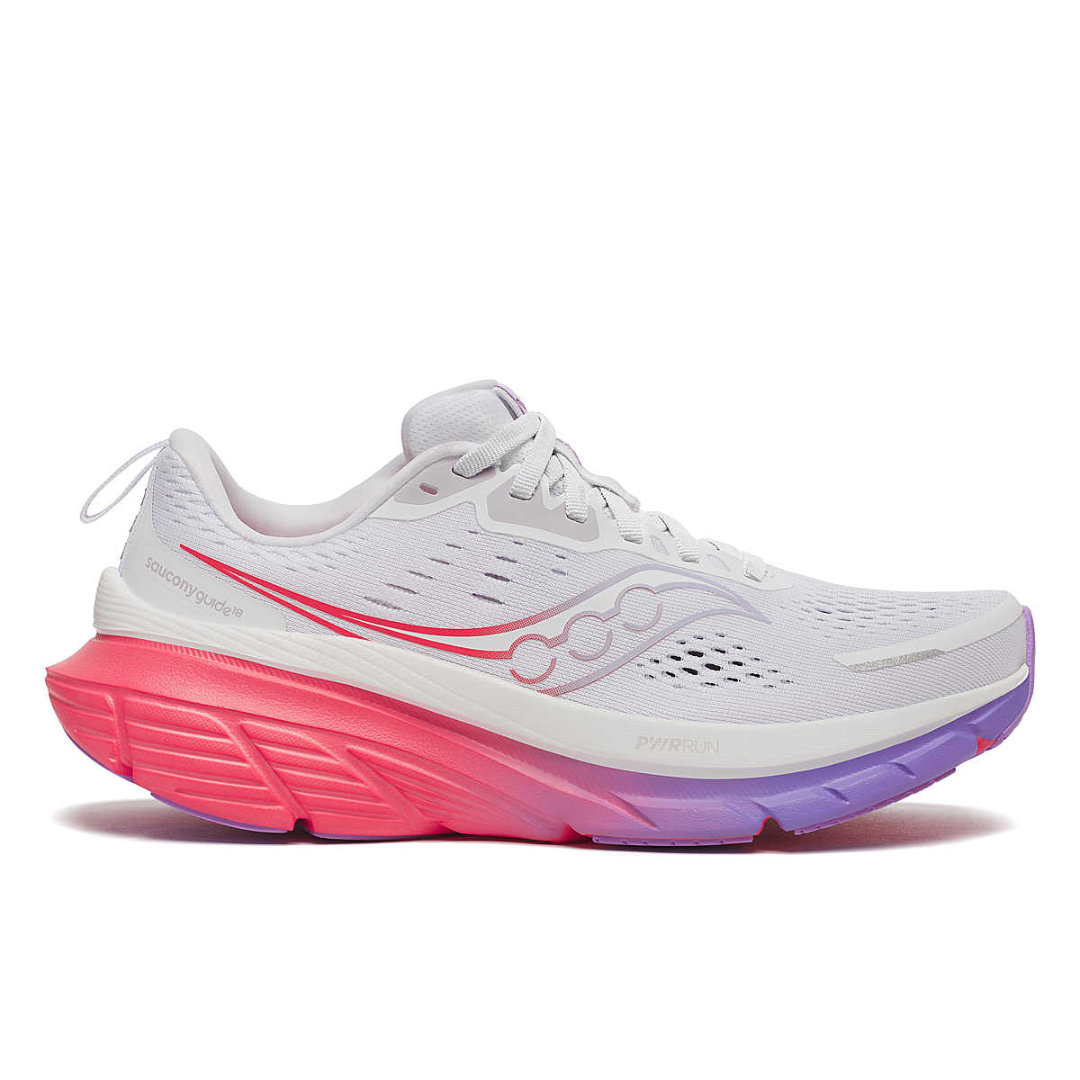 White, crocus, red and purple coloured saucony guide 18 women's running shoe with 'Saucony' branding