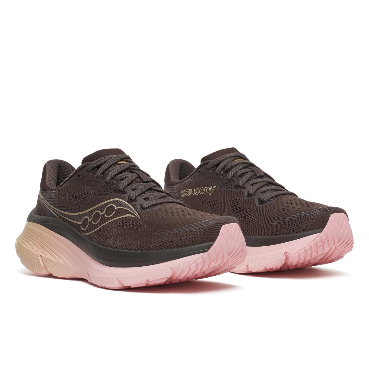 saucony guide 18 womens, cushioned supportive running and walking shoe, dark brown with pink and gold details, pair of shoes