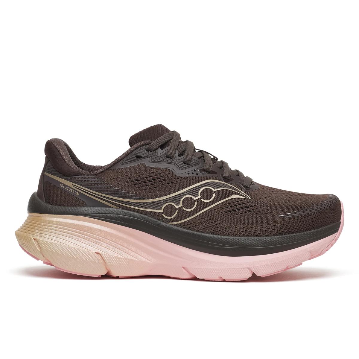 saucony guide 18 womens, cushioned supportive running and walking shoe, dark brown with pink and gold details, side profile of shoe