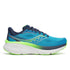 saucony guide 19 for men, cushioned road running and walking shoe with support, blue with green and black details, side profile of shoe 