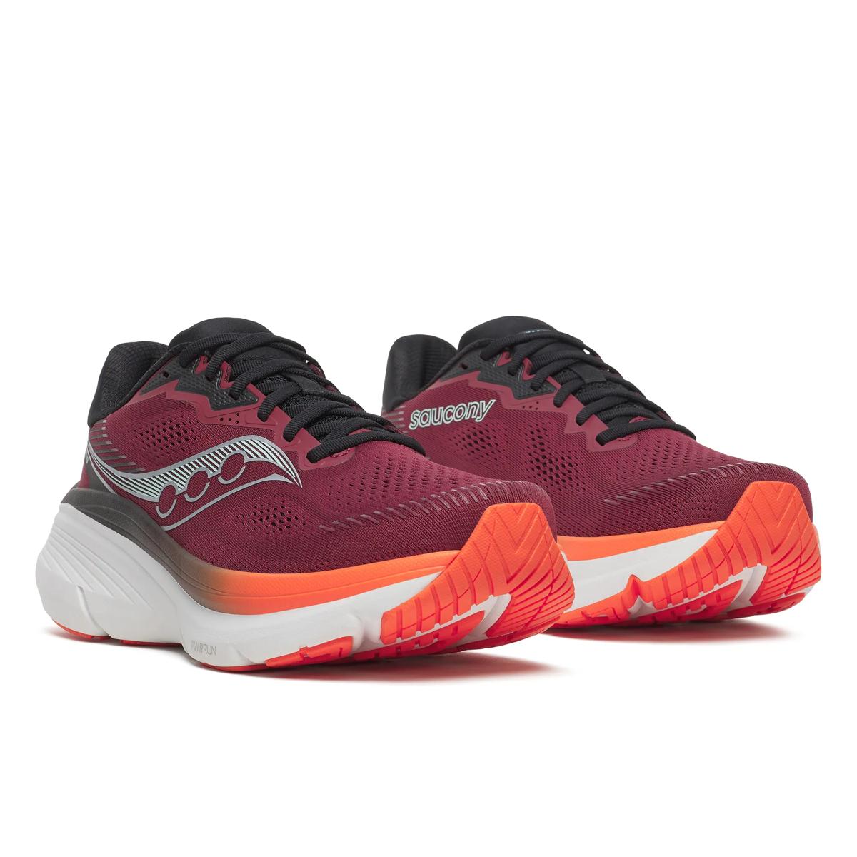 saucony guide 19 for men, cushioned road running and walking shoe with support, red and orange and black details, side profile of both shoes 
