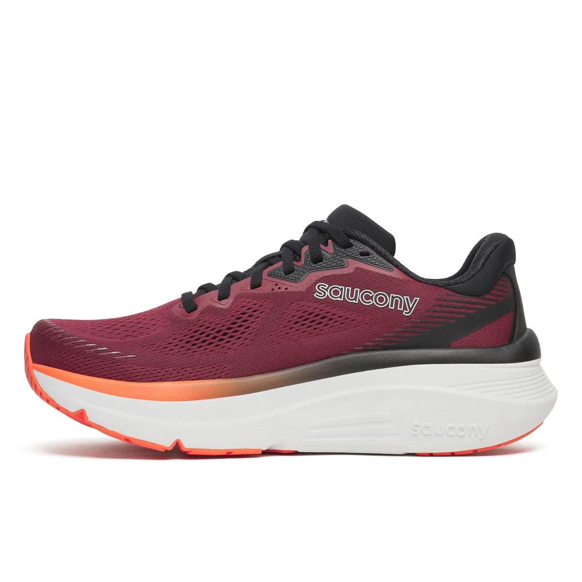 saucony guide 19 for men, cushioned road running and walking shoe with support, red and orange and black details, side profile of shoe 