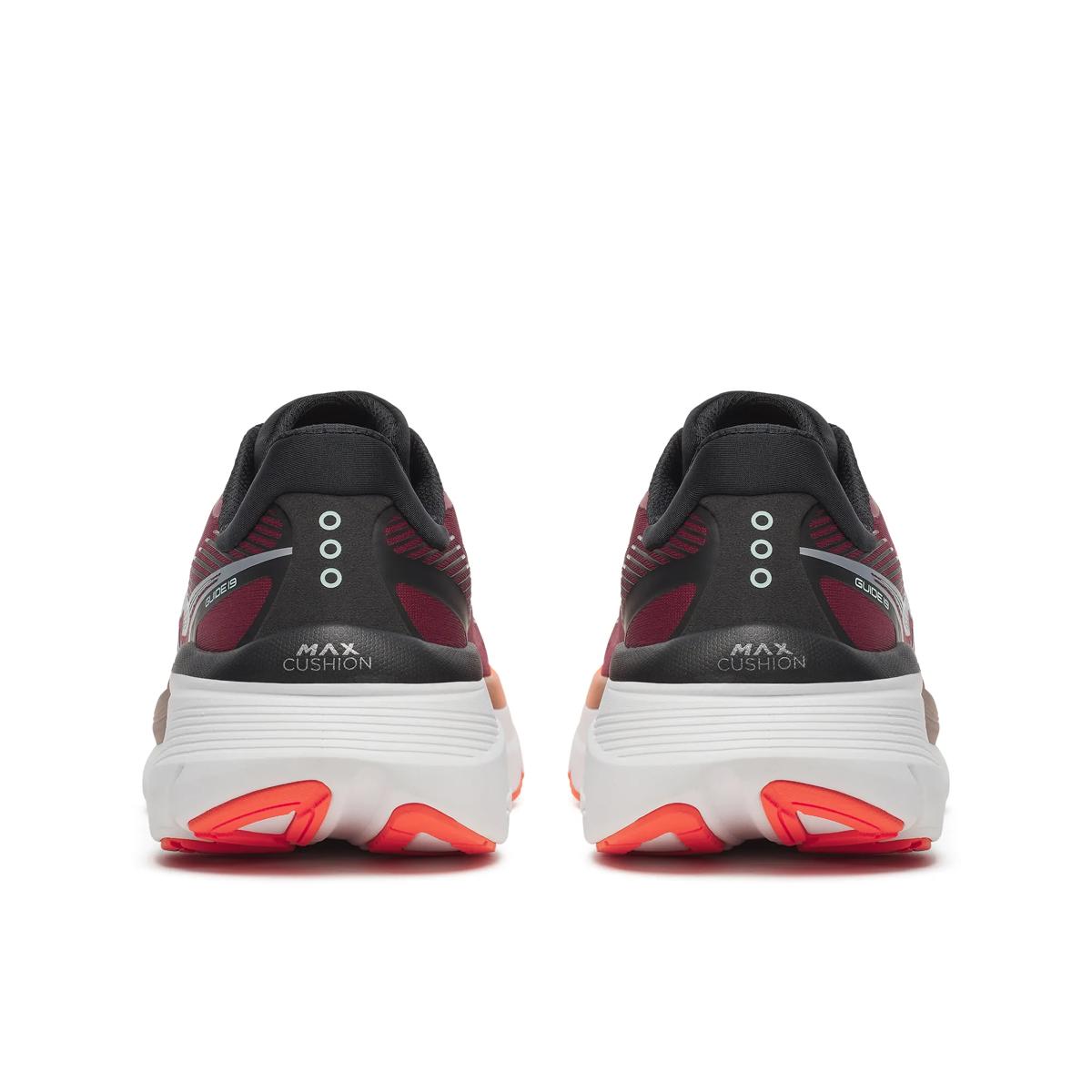 saucony guide 19 for men, cushioned road running and walking shoe with support, red and orange and black details, rear view of shoe.