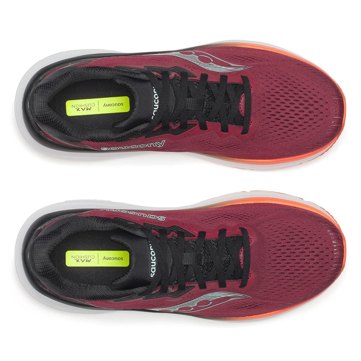 saucony guide 19 for men, cushioned road running and walking shoe with support, red and orange and black details, top down view.