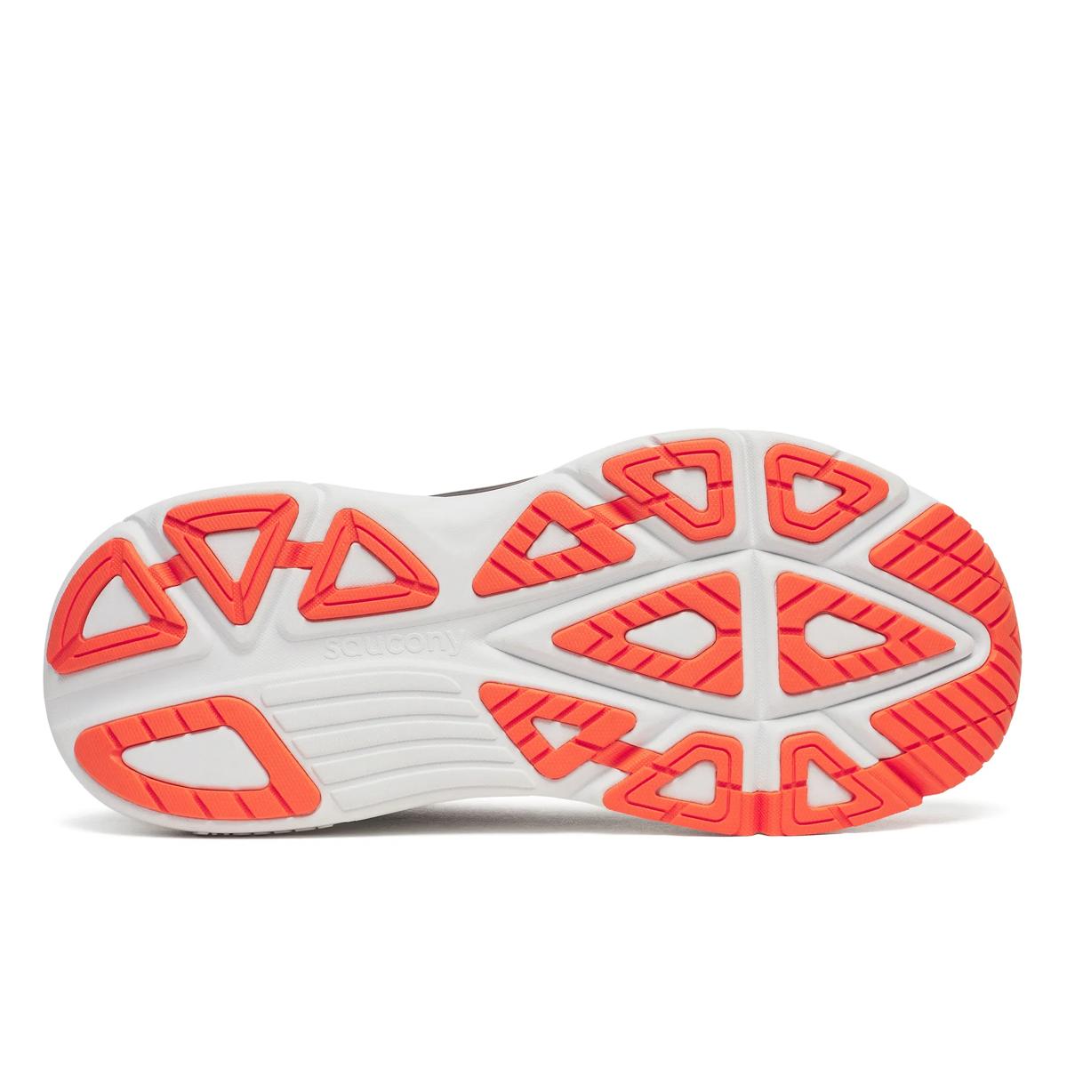 saucony guide 19 for men, cushioned road running and walking shoe with support, red and orange and black details, view of sole of shoe.