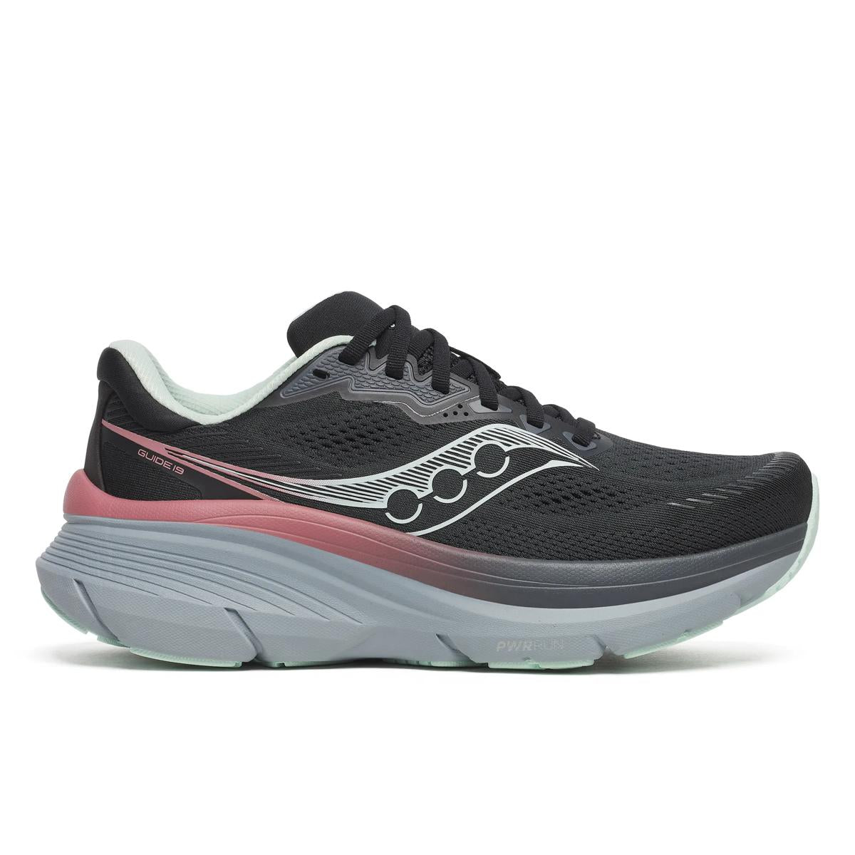 saucony guide 19 for women, supportive road running and walking shoe with good cushioning, black with grey sole, side profile of shoe