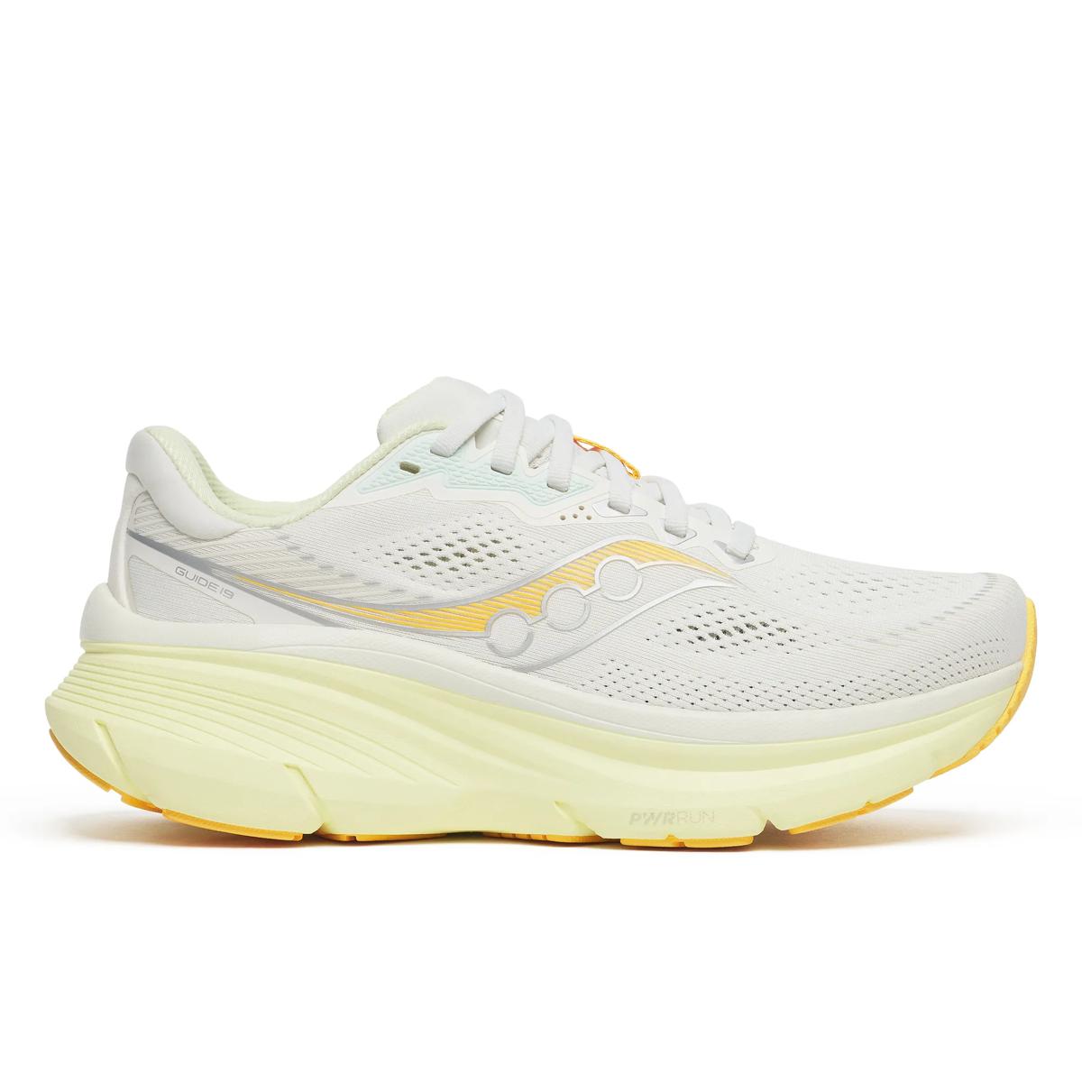 saucony guide 19 for women, supportive road running and walking shoe with good cushioning, white with yellow sole, side profile of shoe