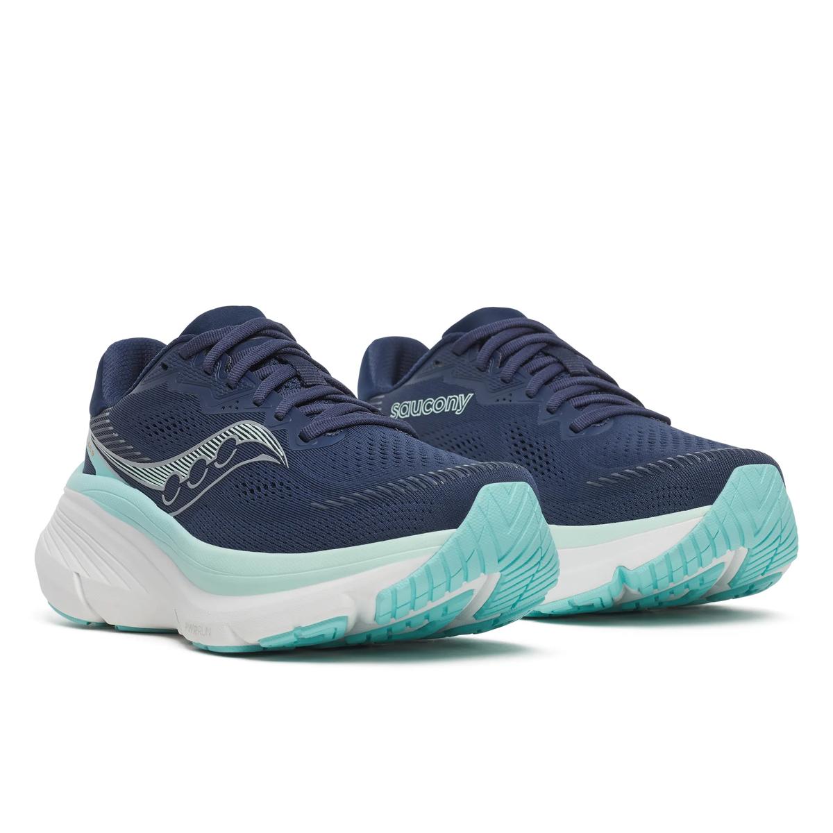 saucony guide 19 for women, supportive road running and walking shoe with good cushioning, navy and light blue with white sole, side profile of shoes