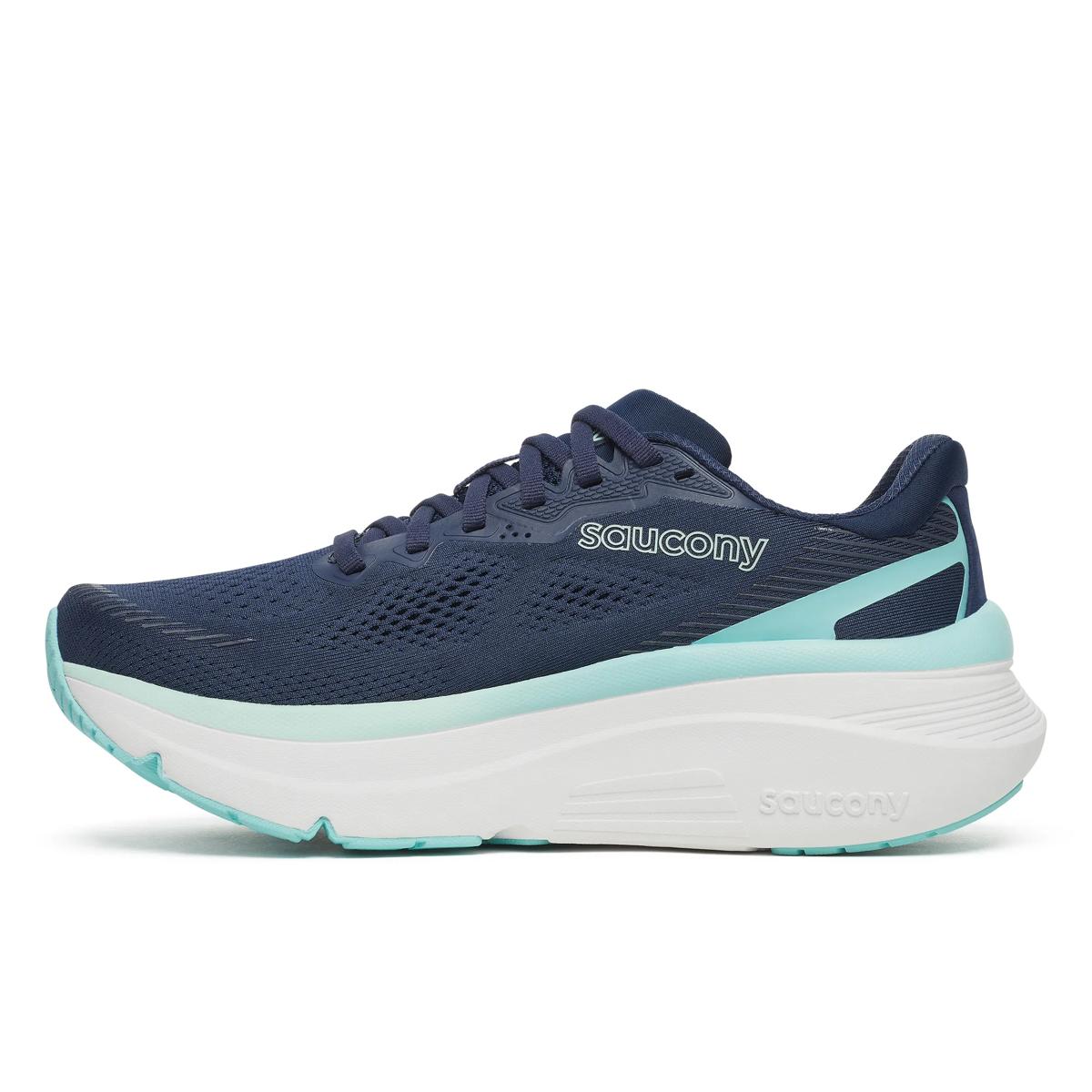 saucony guide 19 for women, supportive road running and walking shoe with good cushioning, navy and light blue with white sole, side profile of shoe
