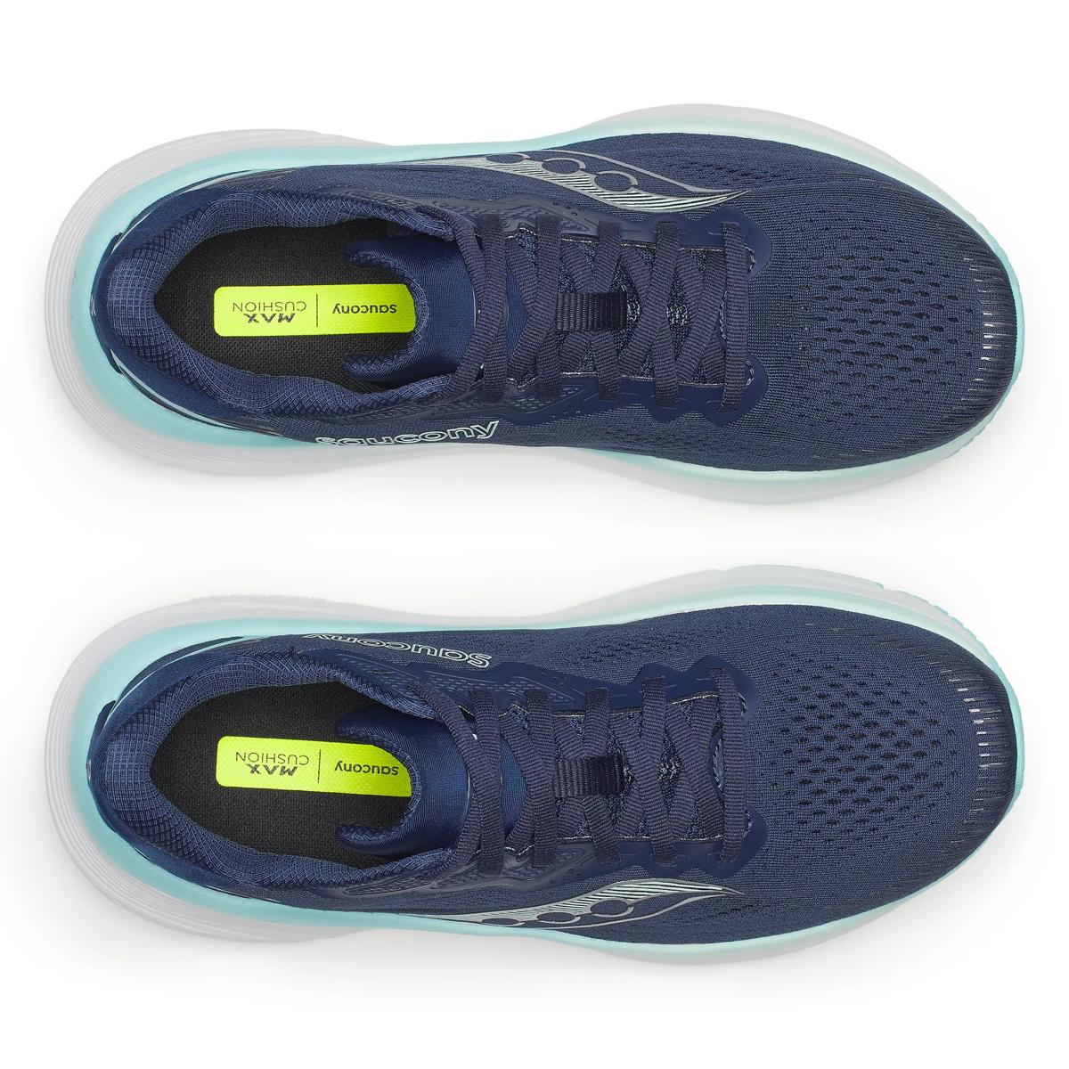 saucony guide 19 for women, supportive road running and walking shoe with good cushioning, navy and light blue with white sole, top down view of shoes