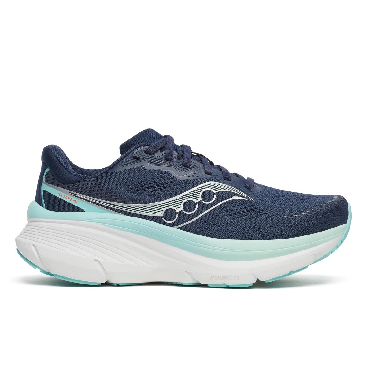 saucony guide 19 for women, supportive road running and walking shoe with good cushioning, navy and light blue with white sole, side profile of shoe