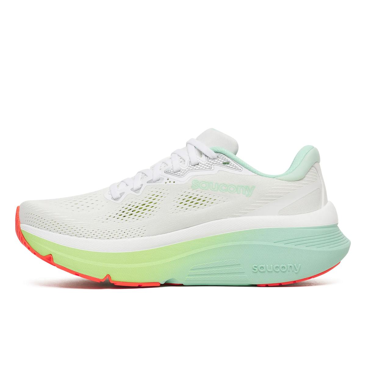 saucony guide 19 womens, cushioned supportive road running shoe, white with teal and green sole orange details, inside profile of shoe