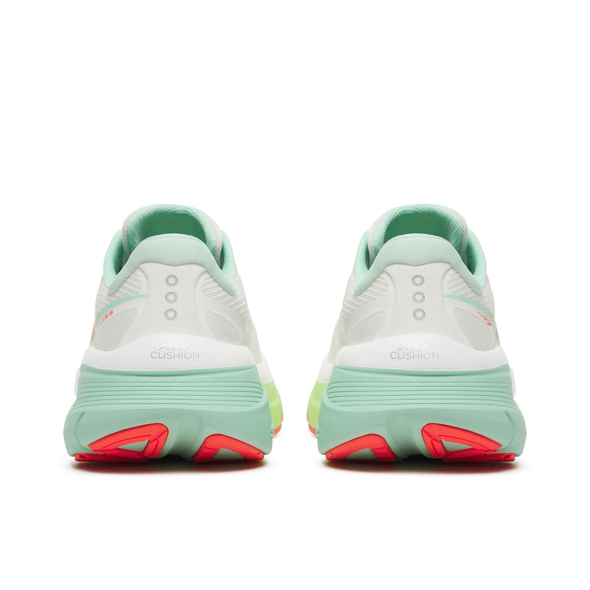 saucony guide 19 womens, cushioned supportive road running shoe, white with teal and green sole orange details, heels of shoes