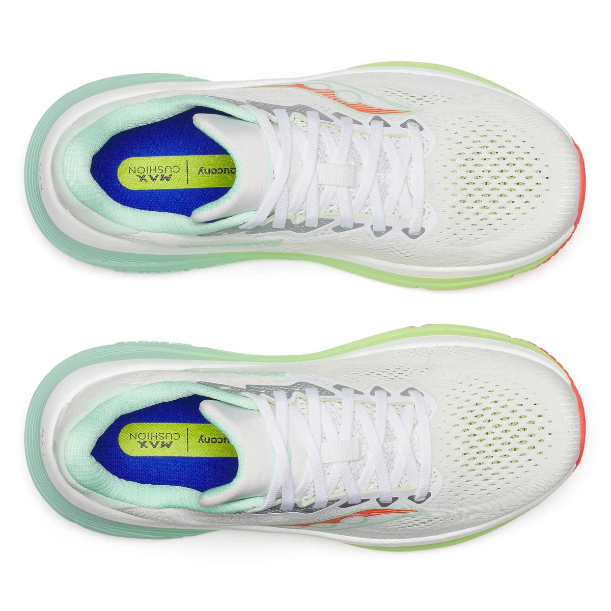 saucony guide 19 womens, cushioned supportive road running shoe, white with teal and green sole orange details, top of shoes