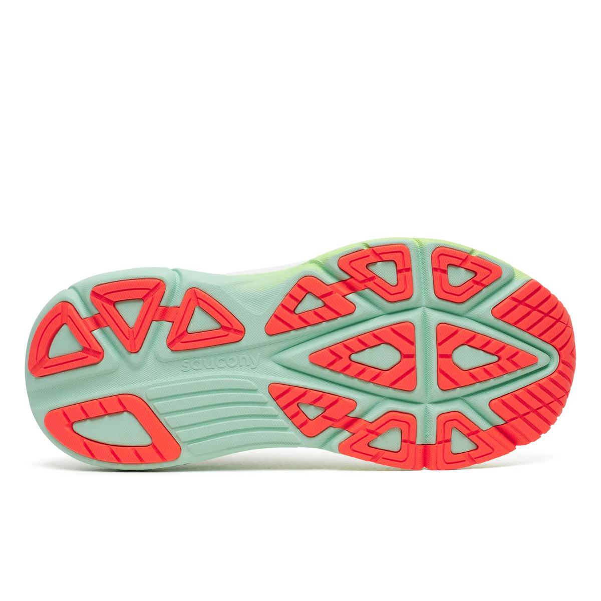 saucony guide 19 womens, cushioned supportive road running shoe, white with teal and green sole orange details, sole of shoe