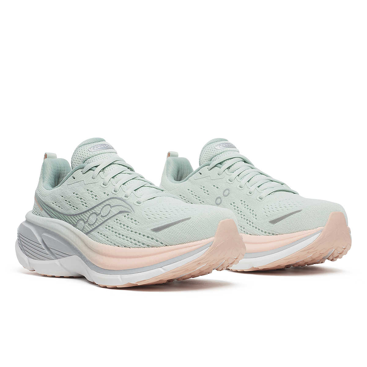 saucony hurricane 25 for women, supportive running shoe with maximum cushioning,  light pastel green with pink details, profile of two shoes