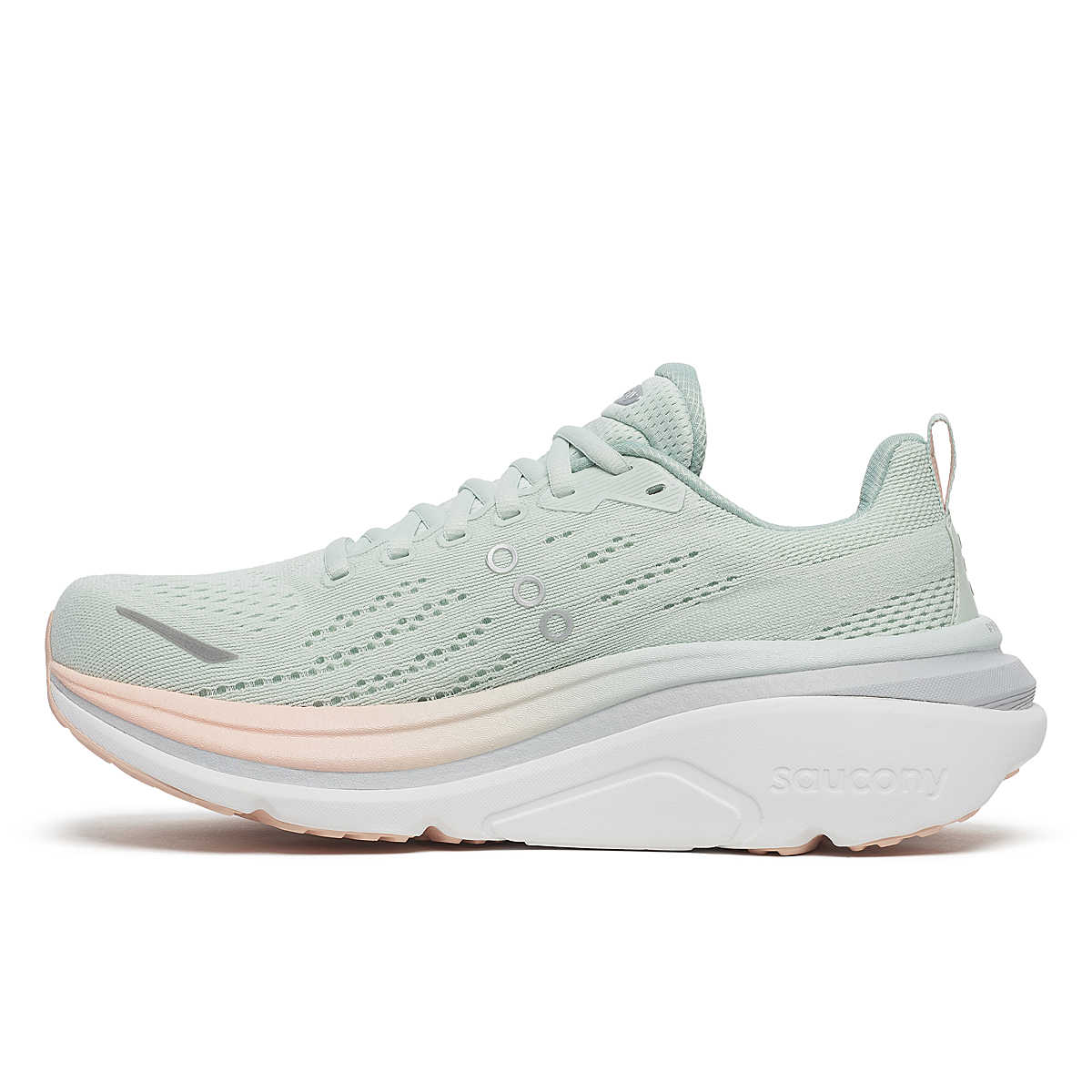 saucony hurricane 25 for women, supportive running shoe with maximum cushioning,  light pastel green with pink details, side profile of shoe