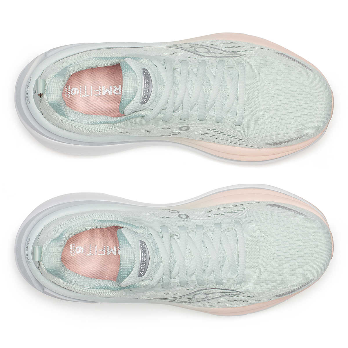 saucony hurricane 25 for women, supportive running shoe with maximum cushioning,  light pastel green with pink details, top view of shoe