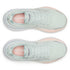 saucony hurricane 25 for women, supportive running shoe with maximum cushioning,  light pastel green with pink details, top view of shoe
