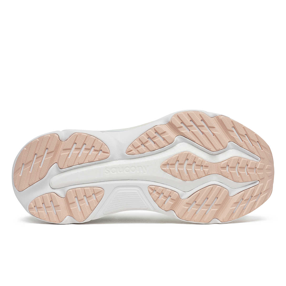 saucony hurricane 25 for women, supportive running shoe with maximum cushioning,  light pastel green with pink details, bottom view of shoe