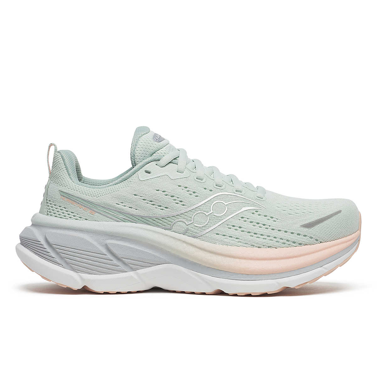 saucony hurricane 25 for women, supportive running shoe with maximum cushioning,  light pastel green with pink details, profile of shoe