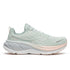 saucony hurricane 25 for women, supportive running shoe with maximum cushioning,  light pastel green with pink details, profile of shoe