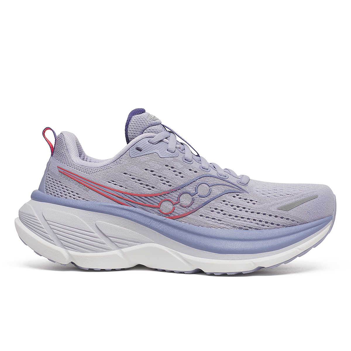 saucony hurricane 25 for women, supportive running shoe with maximum cushioning, light purple with pink details and white sole, side profile of shoe