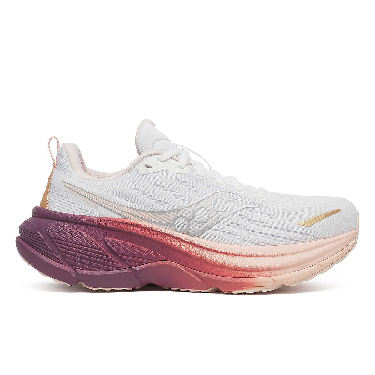 Saucony white running shoe with a pink and purple sole
