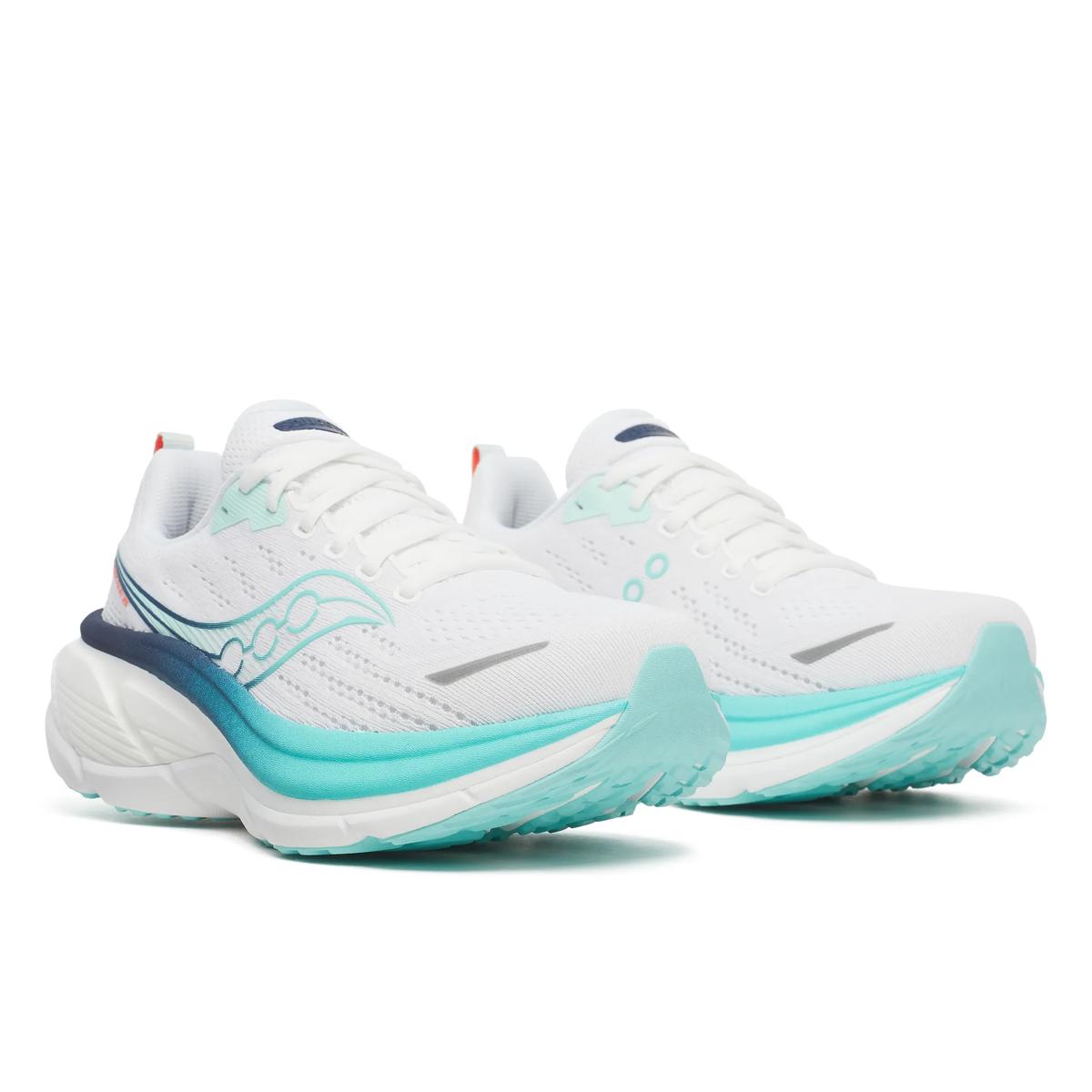saucony hurricane 25 for women, supportive running shoe with maximum cushioning, white with light blue details, side profile of shoes