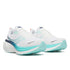saucony hurricane 25 for women, supportive running shoe with maximum cushioning, white with light blue details, side profile of shoes