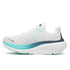 saucony hurricane 25 for women, supportive running shoe with maximum cushioning, white with light blue details, side profile of shoe