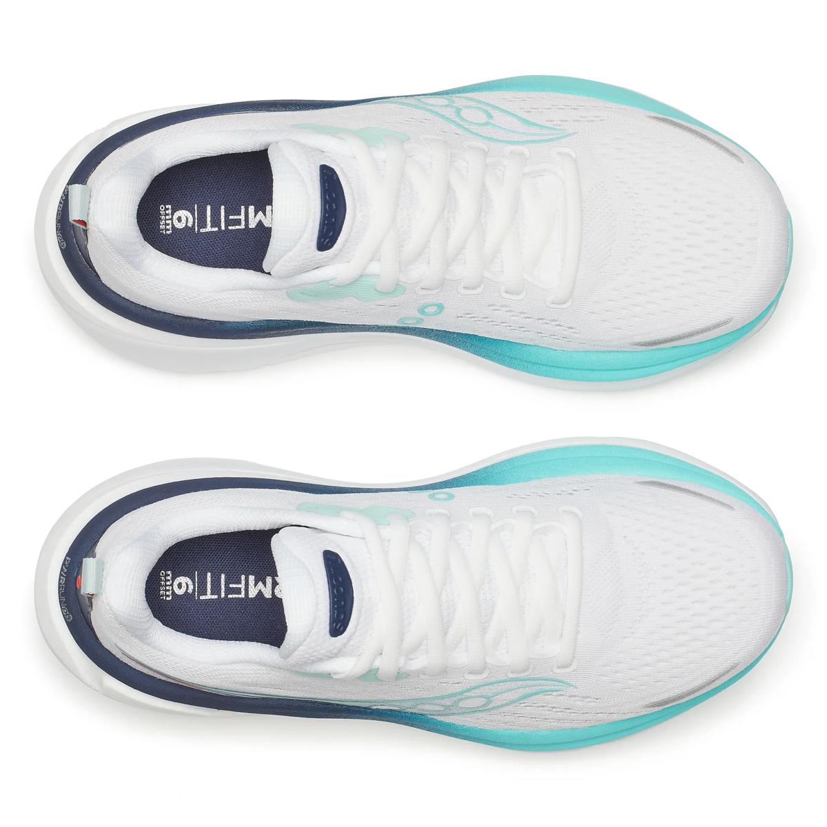 saucony hurricane 25 for women, supportive running shoe with maximum cushioning, white with light blue details, top down view of shoes