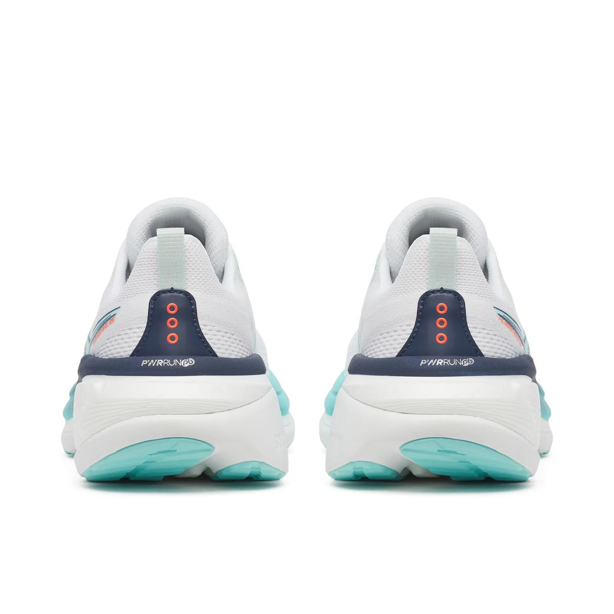 saucony hurricane 25 for women, supportive running shoe with maximum cushioning, white with light blue details, rear view of shoes