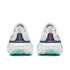 saucony hurricane 25 for women, supportive running shoe with maximum cushioning, white with light blue details, rear view of shoes