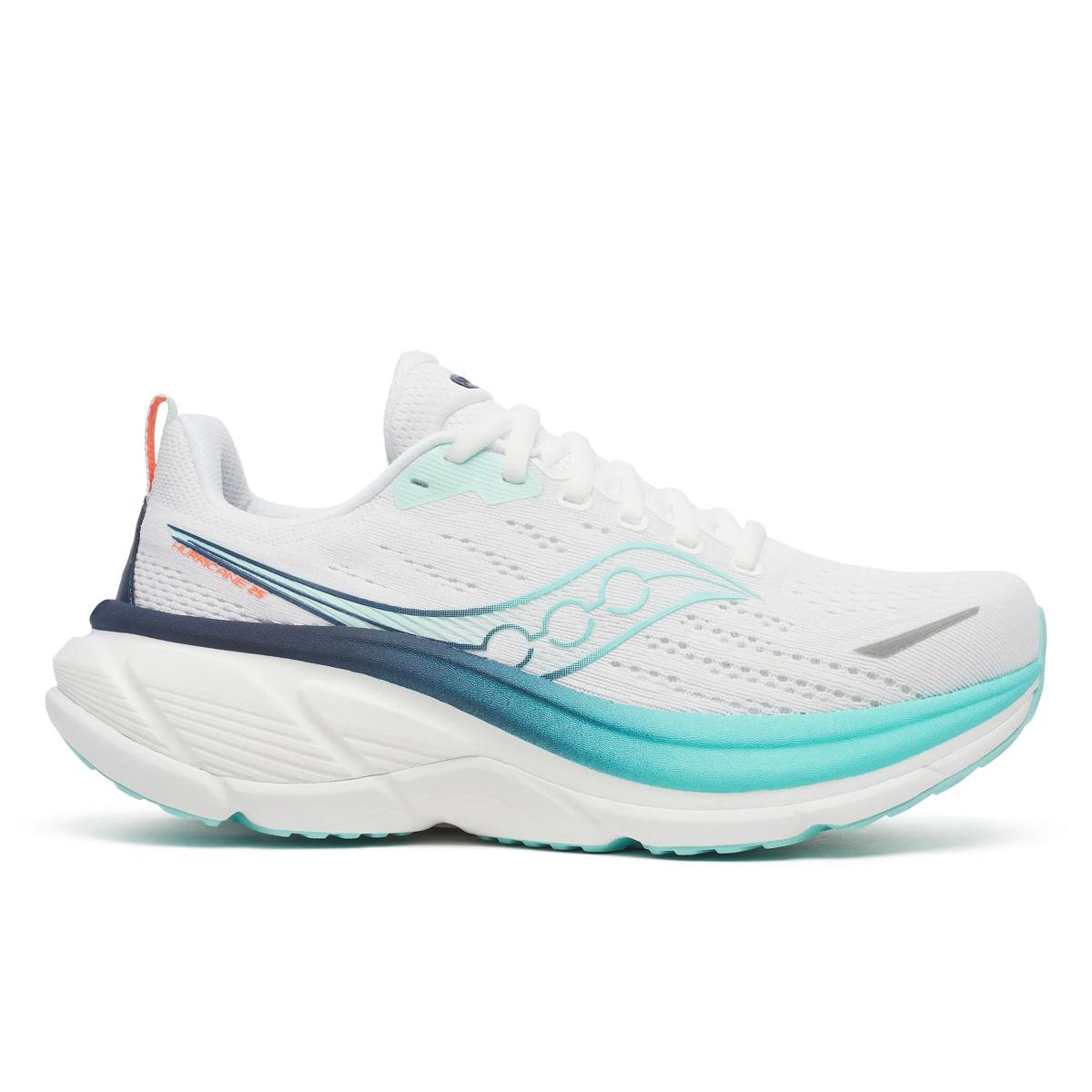 saucony hurricane 25 for women, supportive running shoe with maximum cushioning, white with light blue details, side profile of shoe