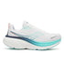 saucony hurricane 25 for women, supportive running shoe with maximum cushioning, white with light blue details, side profile of shoe