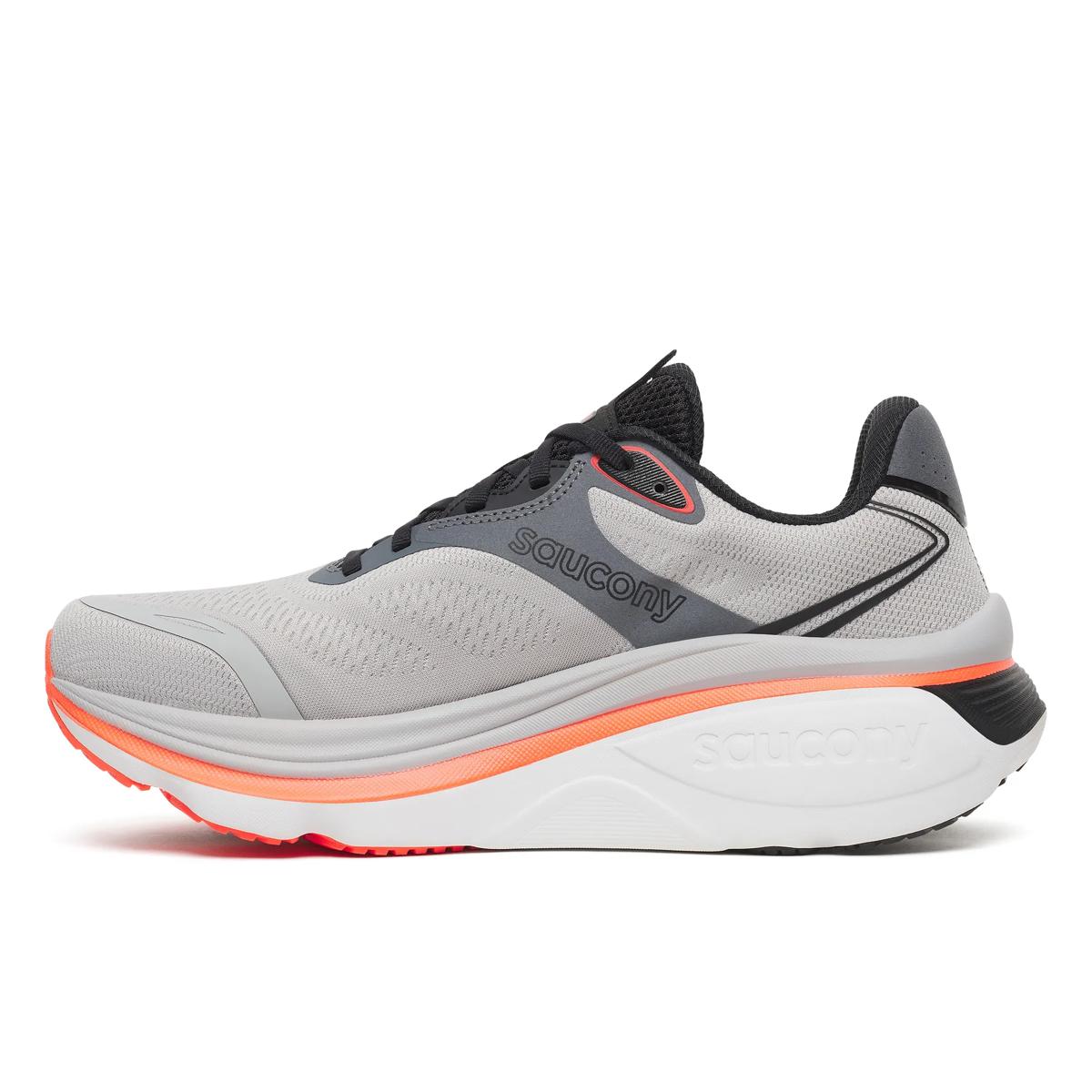 saucony hurricane 26 mens, max cushioned supportive and stable road running and walking shoe, light grey colour with black and orange detail, inside profile of shoe